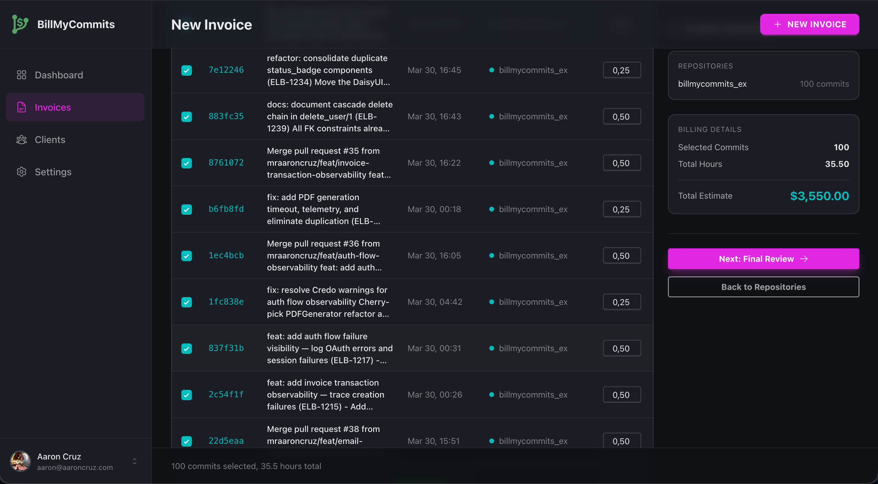 Invoice builder showing selected commits, billing details, and total estimate