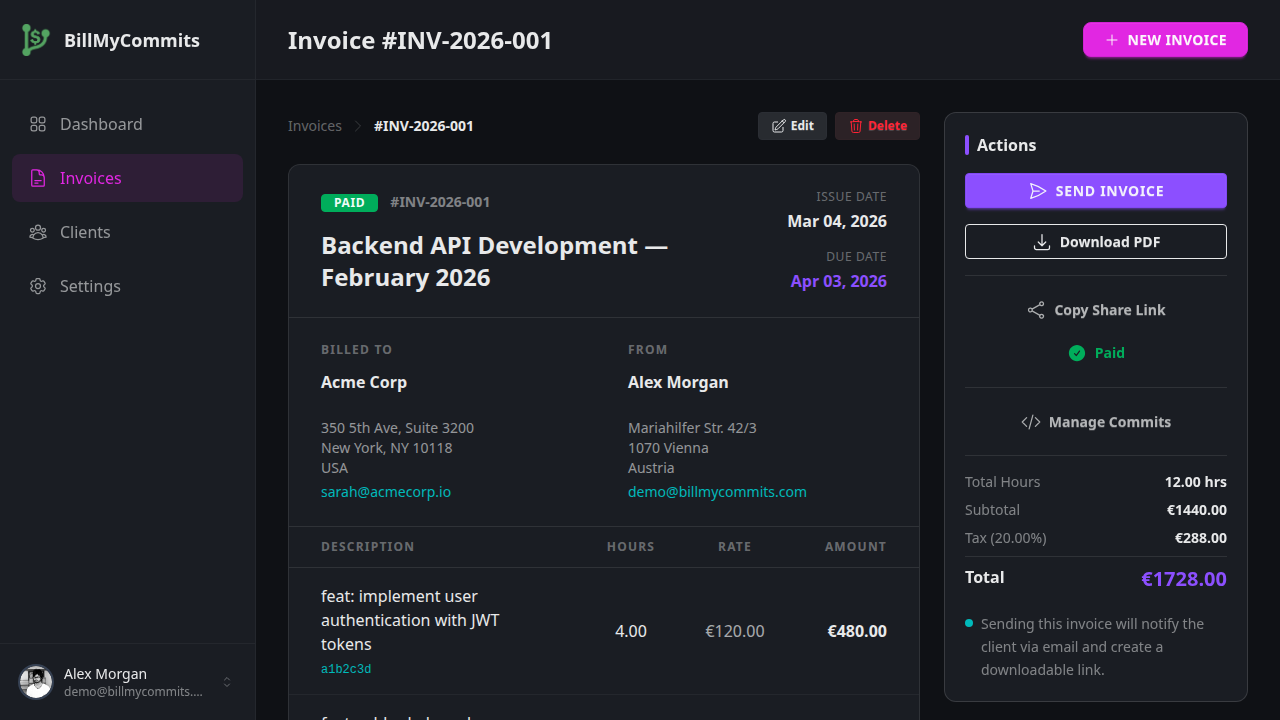 Professional invoice with line items, commit references, and PDF export
