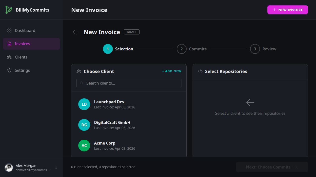 Invoice wizard showing commit selection with estimated hours and hourly rate